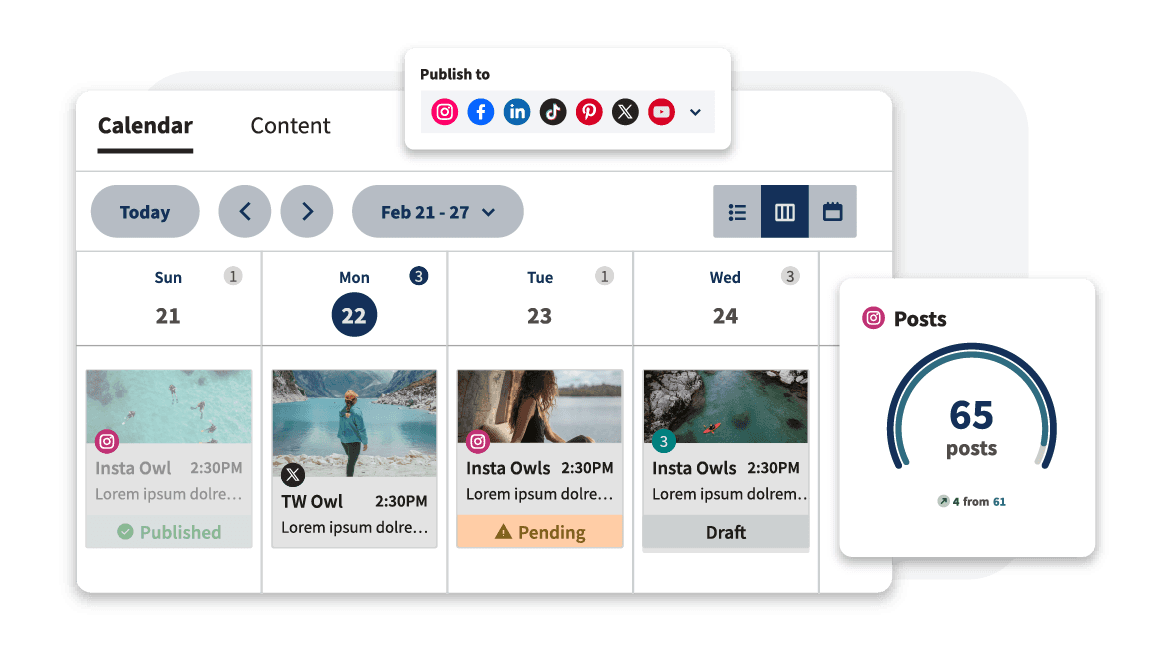 Hootsuite social media calendar interface showing scheduled posts, status labels, and publishing platform icons.