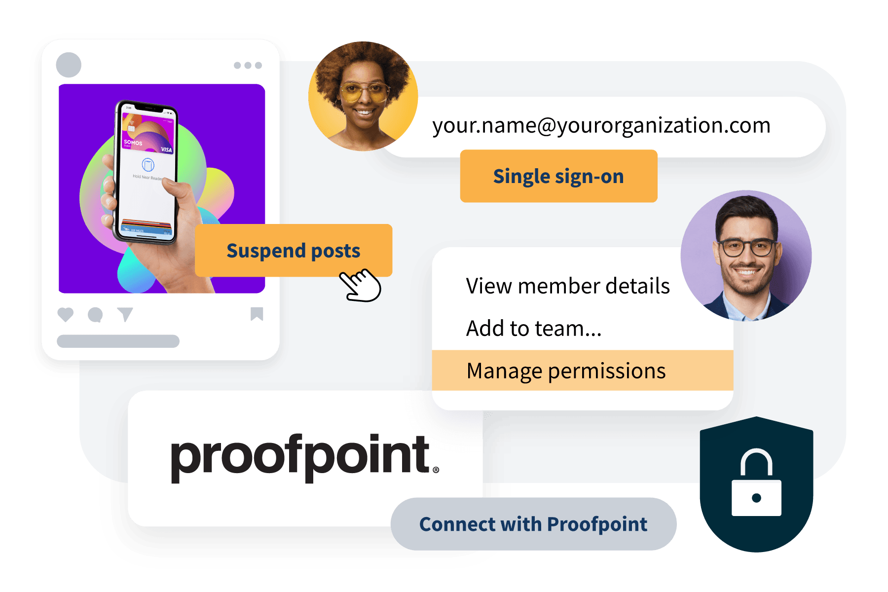 Hoot suite security features with Proofpoint logo, suspend posts button, and single sign-on